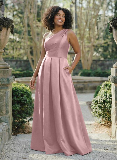 Wine Satin One-Shoulder A-Line Bridesmaid Dresses With Pockets