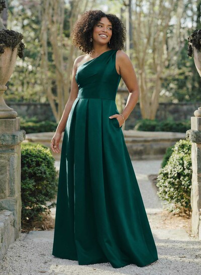 Wine Satin One-Shoulder A-Line Bridesmaid Dresses With Pockets