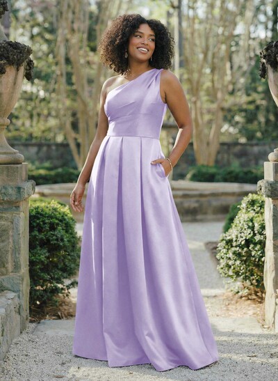 Wine Satin One-Shoulder A-Line Bridesmaid Dresses With Pockets