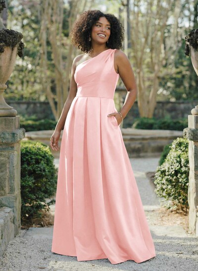 Wine Satin One-Shoulder A-Line Bridesmaid Dresses With Pockets