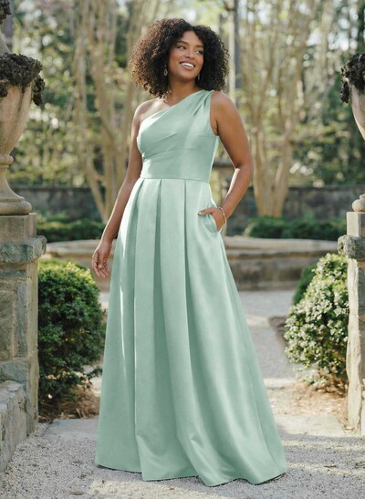 Wine Satin One-Shoulder A-Line Bridesmaid Dresses With Pockets
