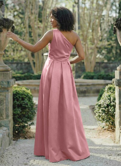 Wine Satin One-Shoulder A-Line Bridesmaid Dresses With Pockets