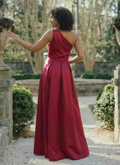 Wine Satin One-Shoulder A-Line Bridesmaid Dresses With Pockets