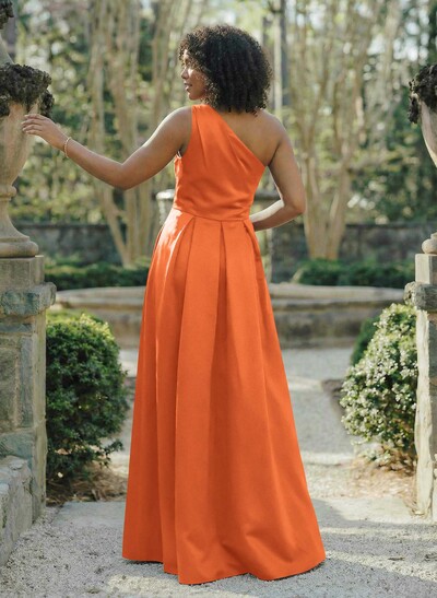 Wine Satin One-Shoulder A-Line Bridesmaid Dresses With Pockets