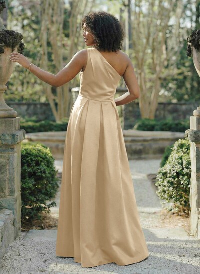 Wine Satin One-Shoulder A-Line Bridesmaid Dresses With Pockets
