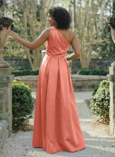 Wine Satin One-Shoulder A-Line Bridesmaid Dresses With Pockets