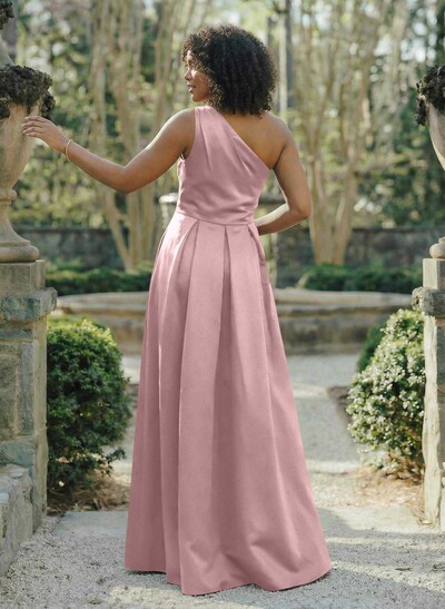 Wine Satin One-Shoulder A-Line Bridesmaid Dresses With Pockets
