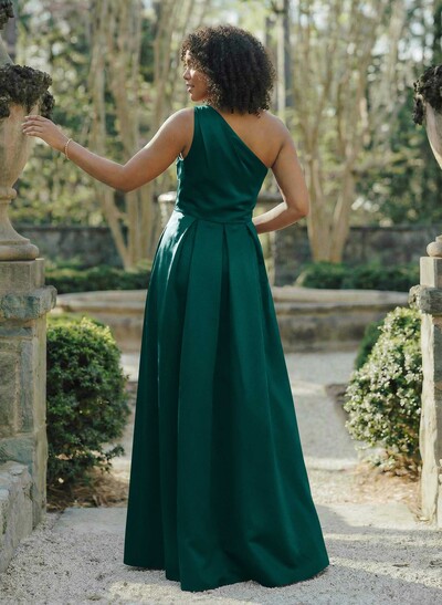 Wine Satin One-Shoulder A-Line Bridesmaid Dresses With Pockets