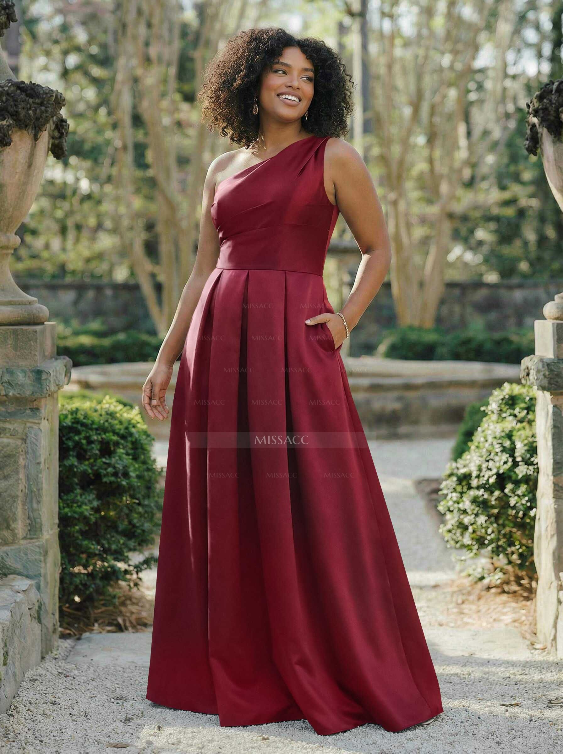 Wine Satin One-Shoulder A-Line Bridesmaid Dresses With Pockets