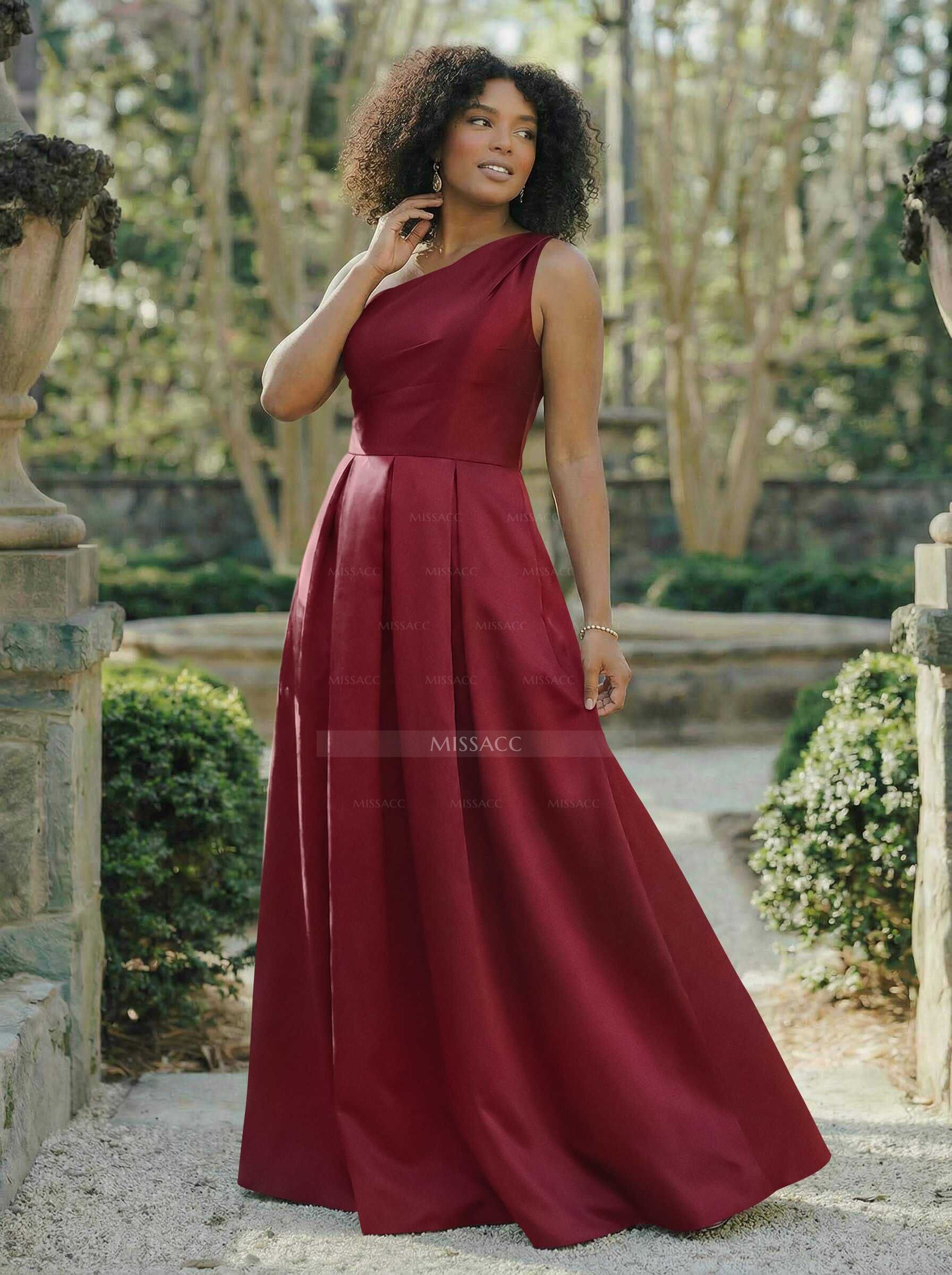 Wine Satin One-Shoulder A-Line Bridesmaid Dresses With Pockets
