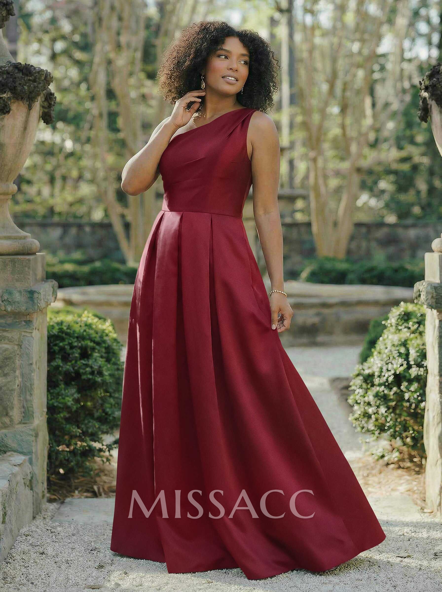 Wine Satin One-Shoulder A-Line Bridesmaid Dresses With Pockets