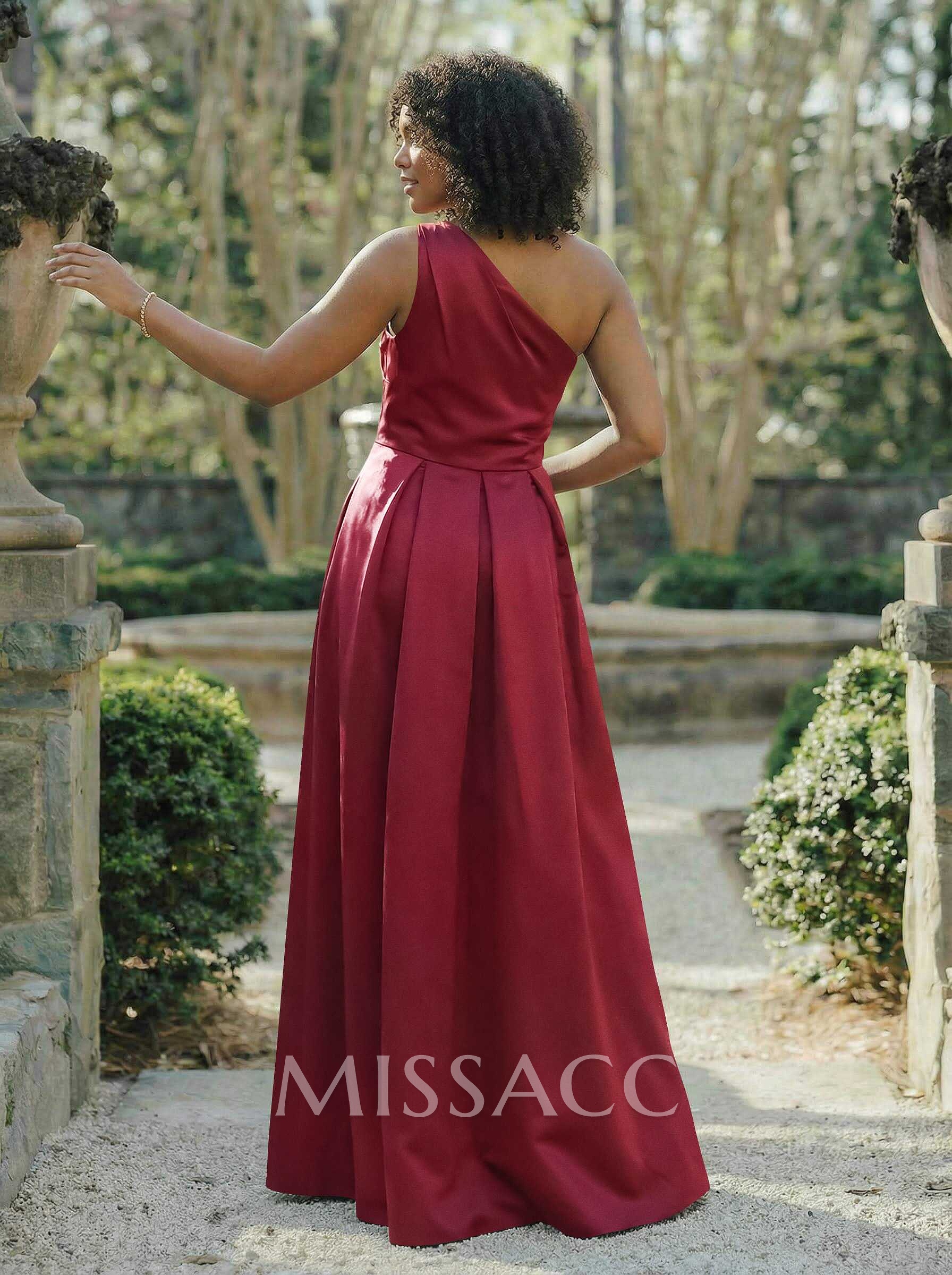 Wine Satin One-Shoulder A-Line Bridesmaid Dresses With Pockets