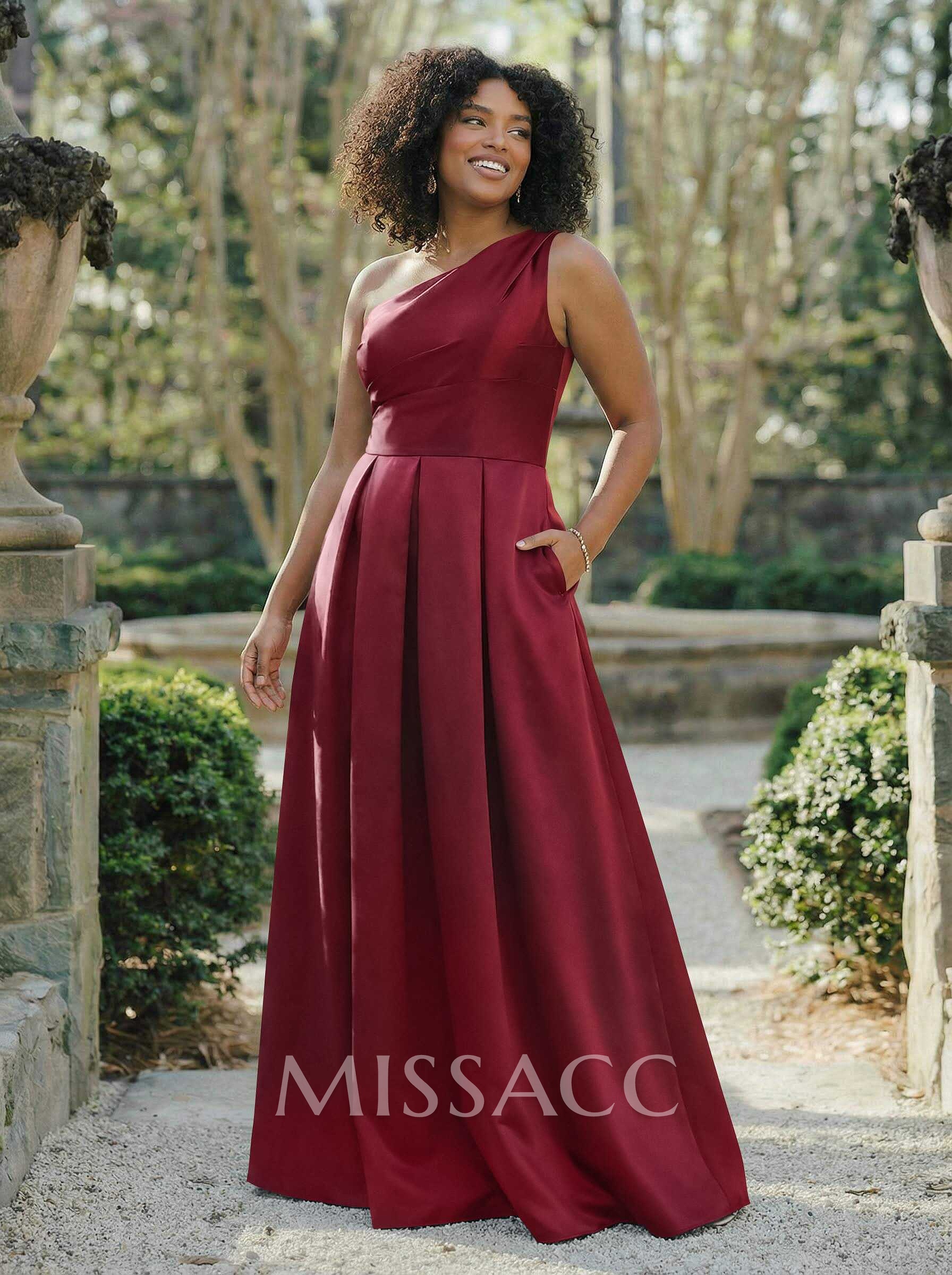 Wine Satin One-Shoulder A-Line Bridesmaid Dresses With Pockets