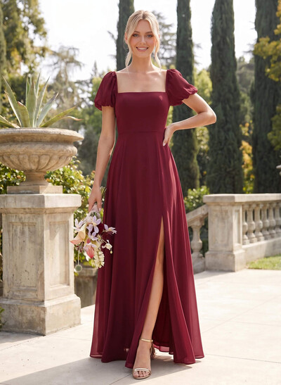 Square Neckline A-Line Slit Bridesmaid Dresses With Chiffon