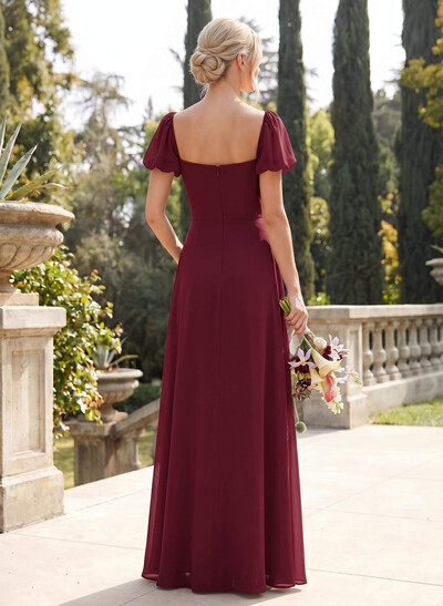 Square Neckline A-Line Slit Bridesmaid Dresses With Chiffon
