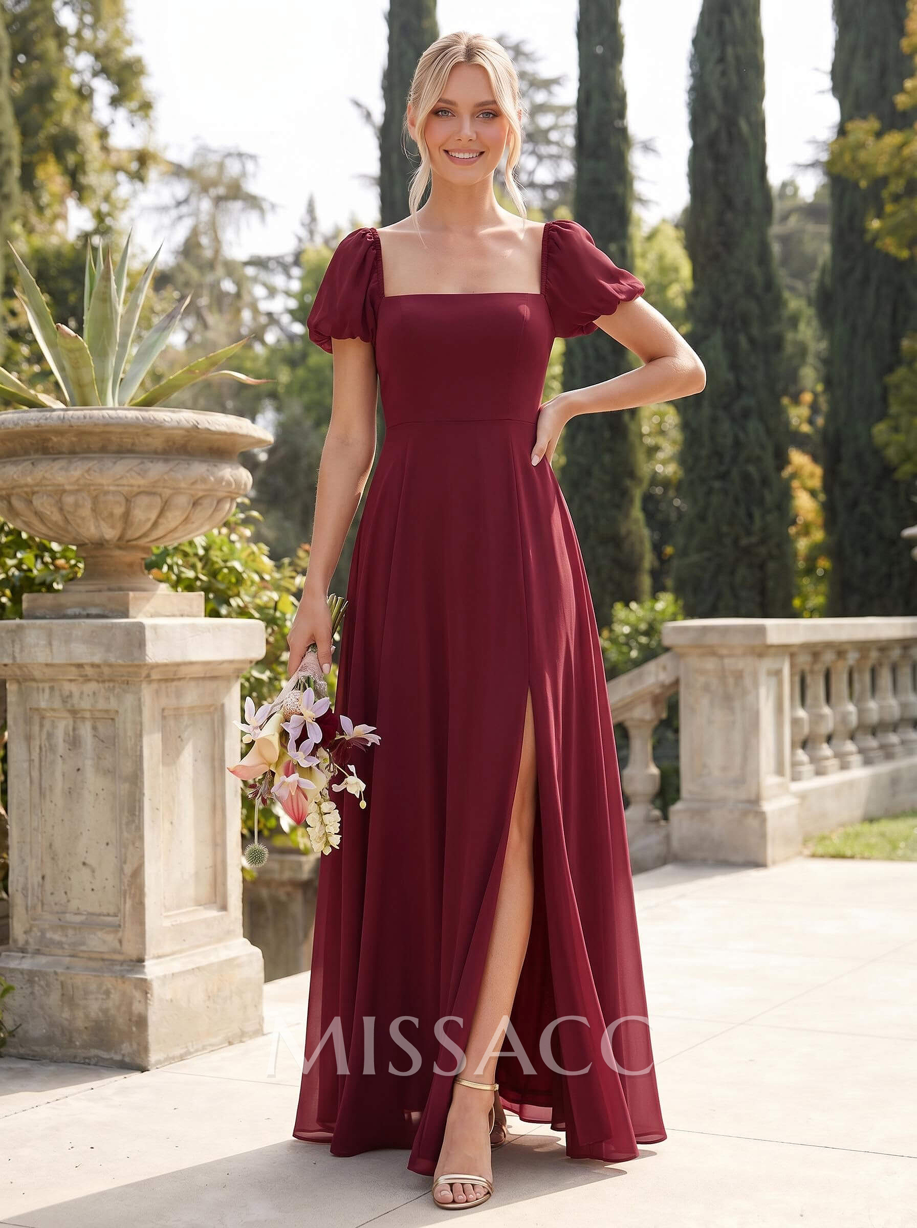 Square Neckline A-Line Slit Bridesmaid Dresses With Chiffon