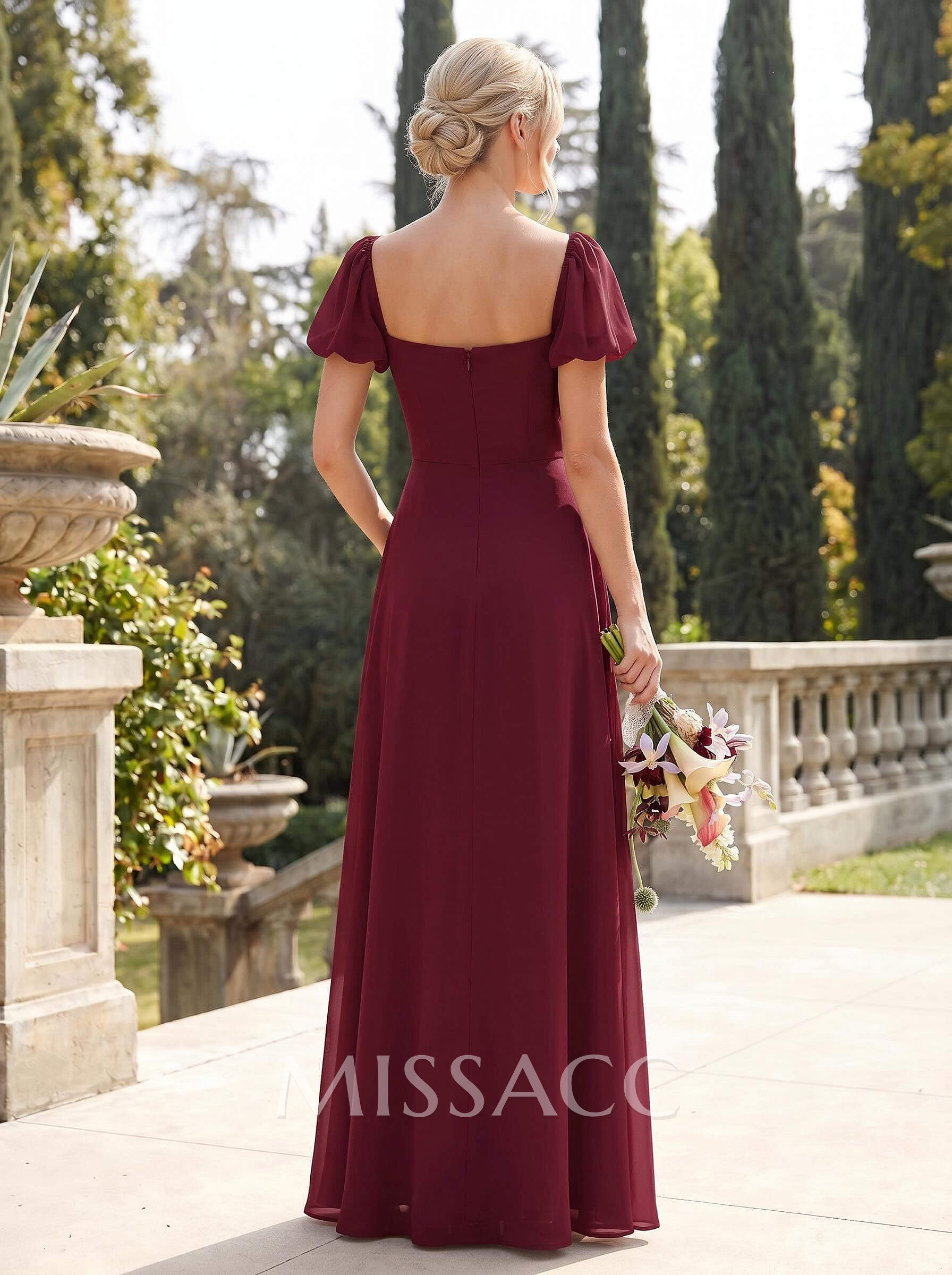 Square Neckline A-Line Slit Bridesmaid Dresses With Chiffon