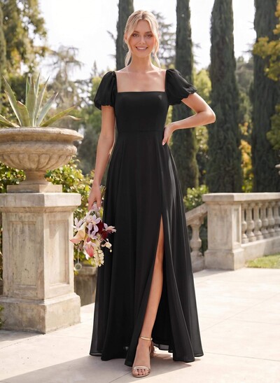 Square Neckline A-Line Slit Bridesmaid Dresses With Chiffon