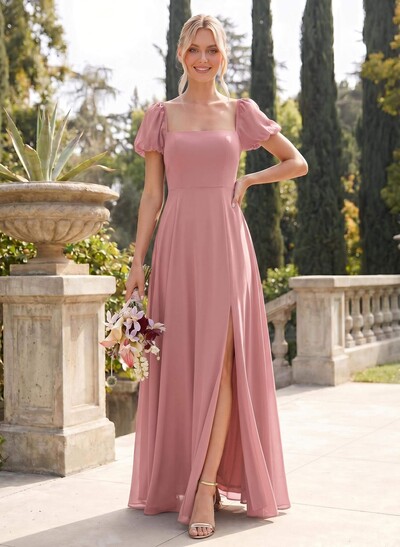 Square Neckline A-Line Slit Bridesmaid Dresses With Chiffon