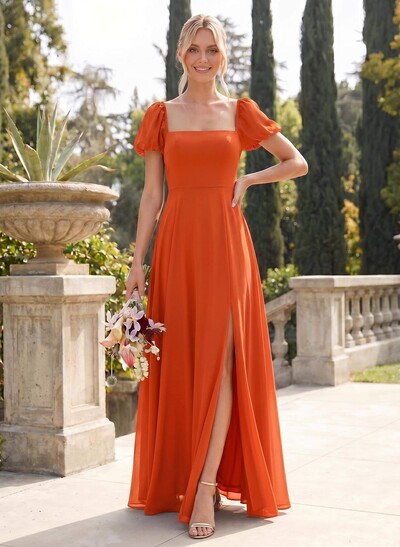 Square Neckline A-Line Slit Bridesmaid Dresses With Chiffon