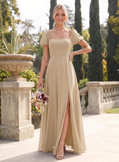 Square Neckline A-Line Slit Bridesmaid Dresses With Chiffon