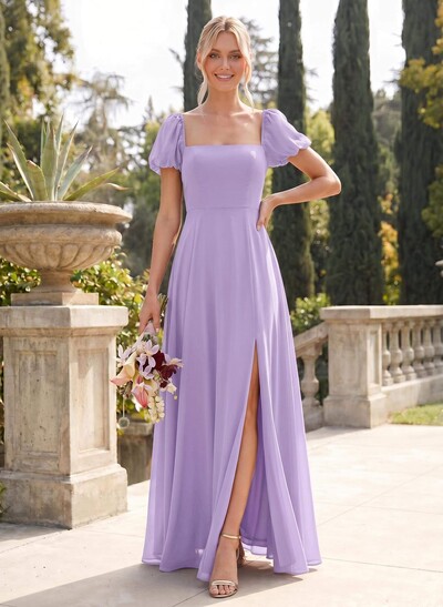 Square Neckline A-Line Slit Bridesmaid Dresses With Chiffon
