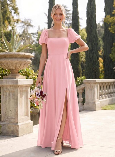 Square Neckline A-Line Slit Bridesmaid Dresses With Chiffon