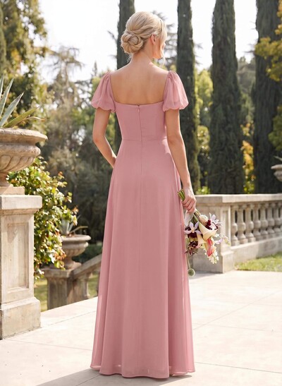 Square Neckline A-Line Slit Bridesmaid Dresses With Chiffon