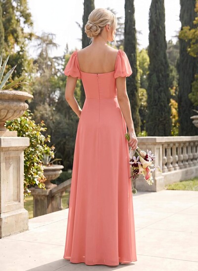 Square Neckline A-Line Slit Bridesmaid Dresses With Chiffon