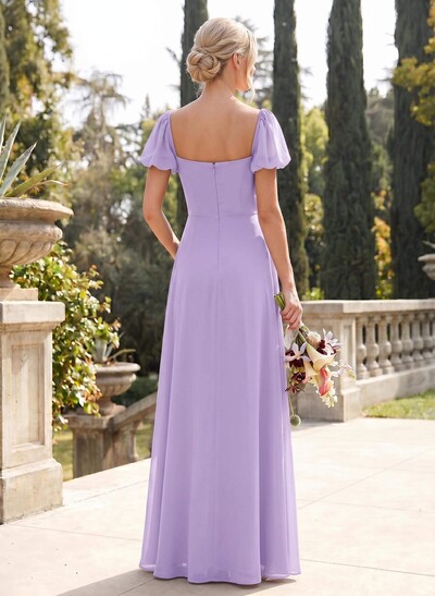 Square Neckline A-Line Slit Bridesmaid Dresses With Chiffon