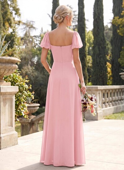 Square Neckline A-Line Slit Bridesmaid Dresses With Chiffon