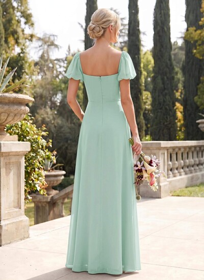 Square Neckline A-Line Slit Bridesmaid Dresses With Chiffon
