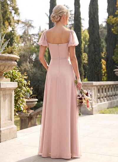 Square Neckline A-Line Slit Bridesmaid Dresses With Chiffon
