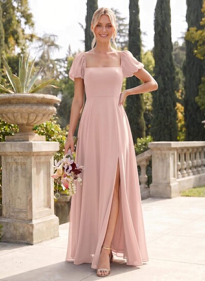 Square Neckline A-Line Slit Bridesmaid Dresses With Chiffon
