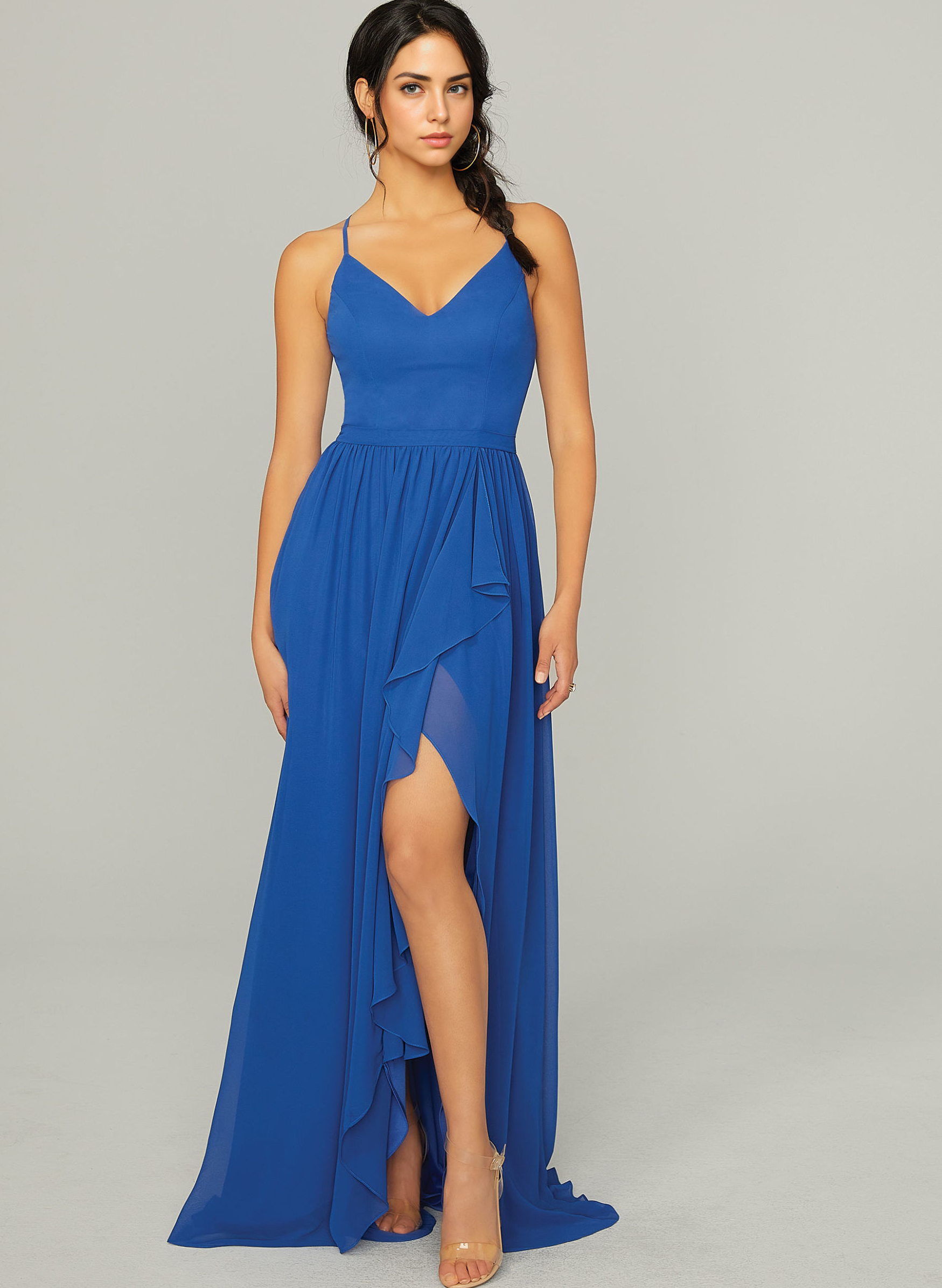 Blue Slit Cascading Ruffles Bridesmaid Dresses With A-Line
