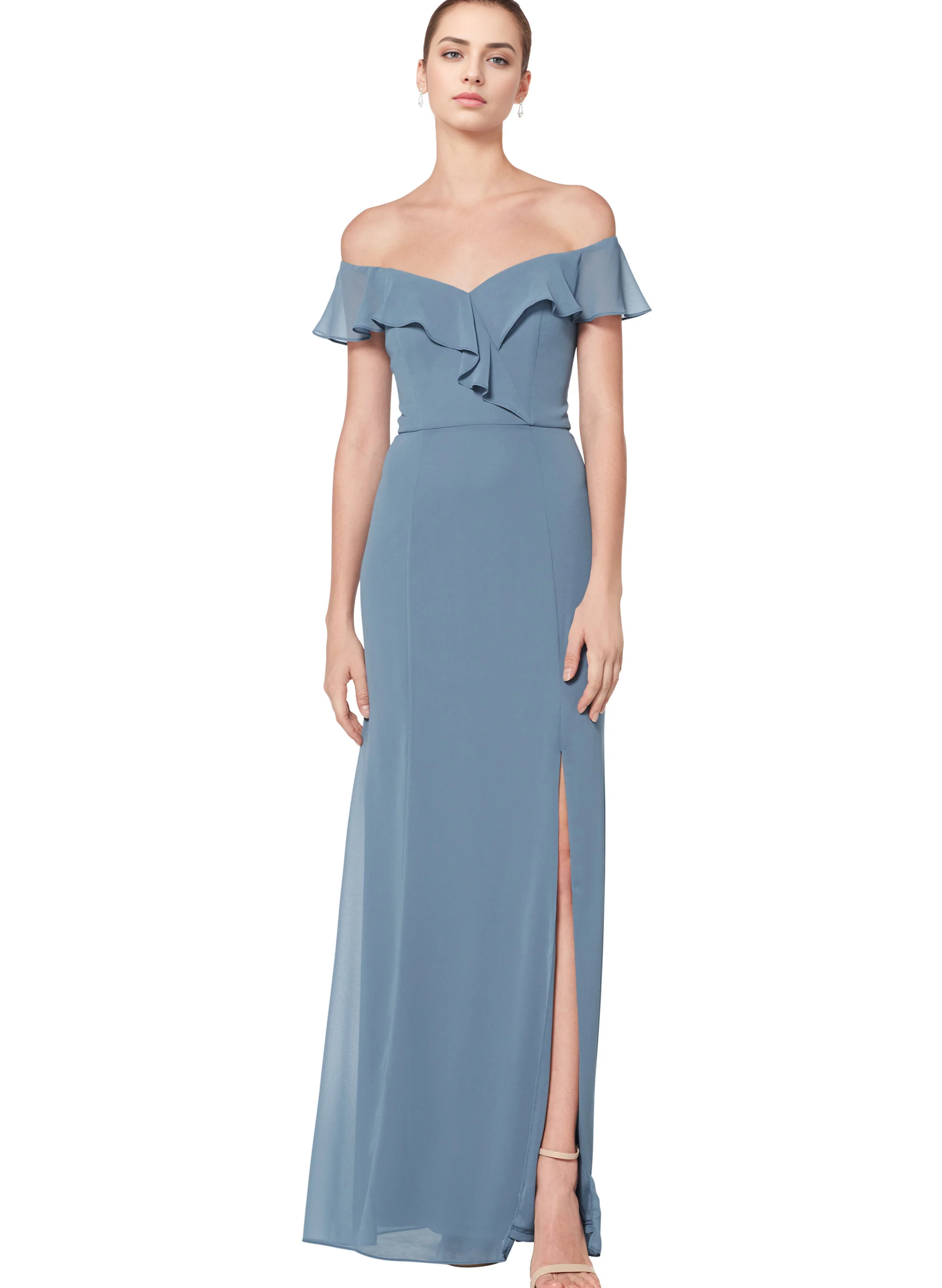 Blue Off-The-Shoulder Sheath/Column Bridesmaid Dresses With Split Front ...