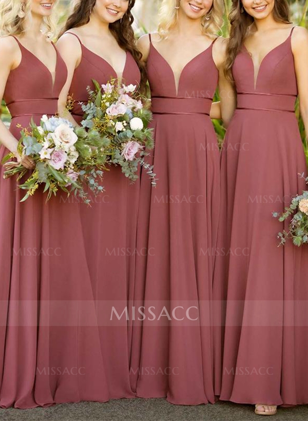 A-Line V-Neck Floor-Length Chiffon Bridesmaid Dresses With Pleated