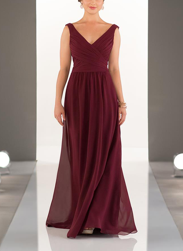 A-Line V-Neck Sleeveless Floor-Length Chiffon Bridesmaid Dresses