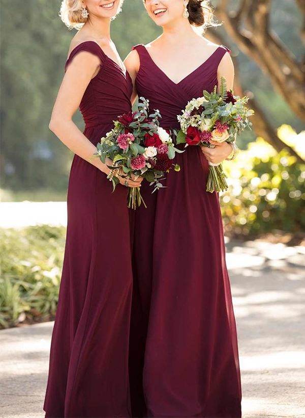 A-Line V-Neck Floor-Length Chiffon Bridesmaid Dresses With Pleated ...