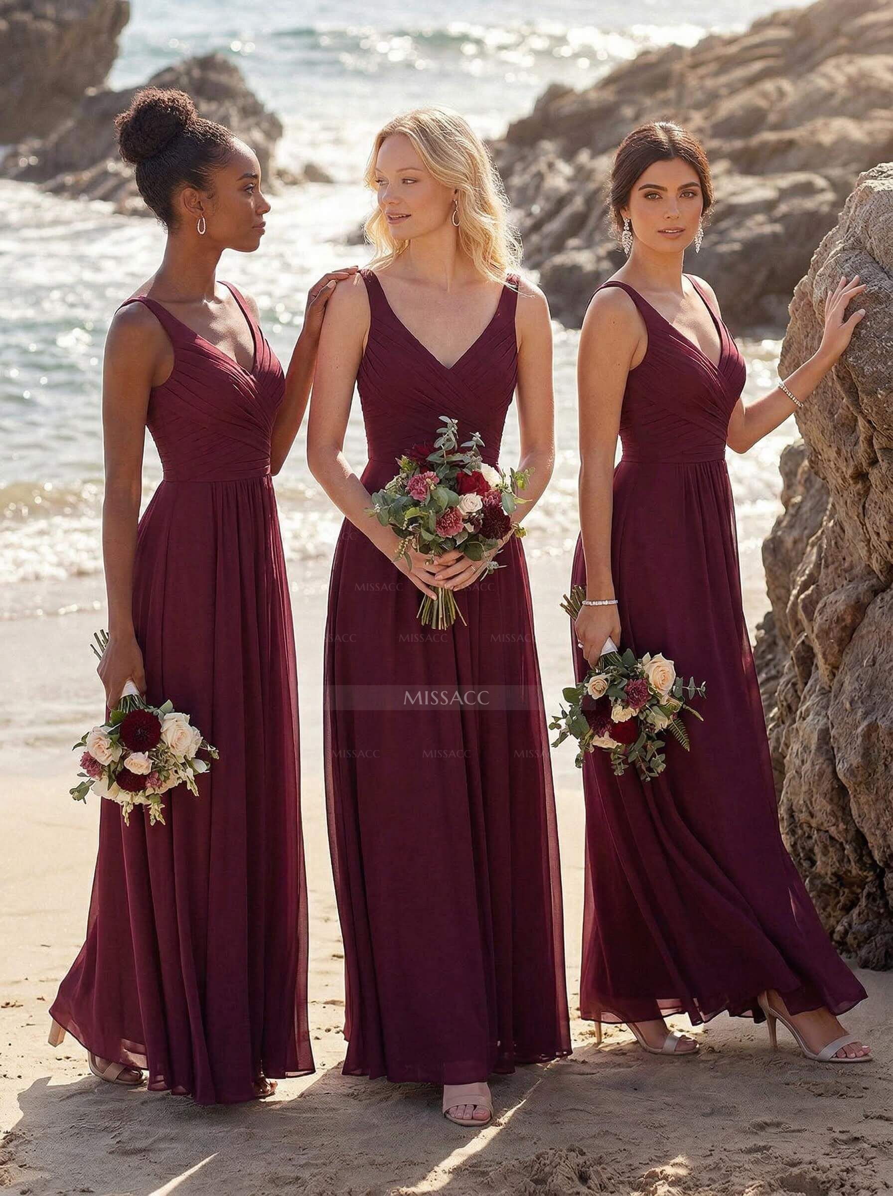 A-Line V-Neck Sleeveless Floor-Length Chiffon Bridesmaid Dresses