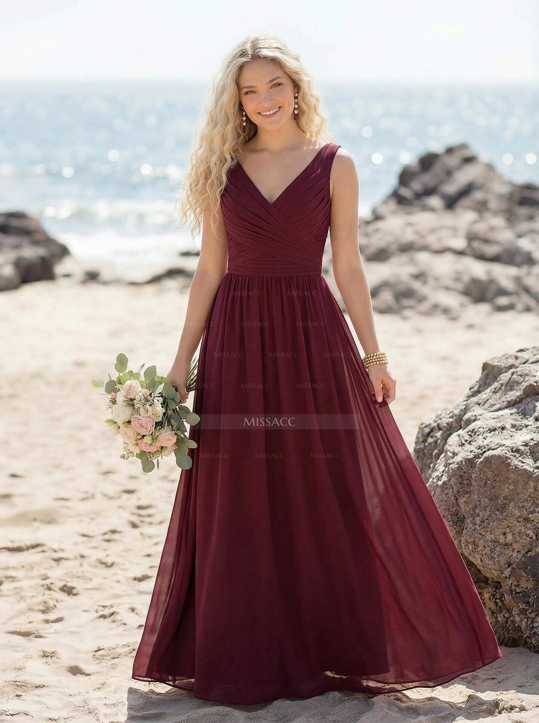 A-Line V-Neck Sleeveless Floor-Length Chiffon Bridesmaid Dresses