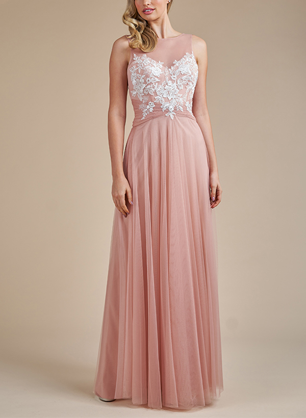 A-Line Illusion Neck Tulle Bridesmaid Dresses With Appliques Lace