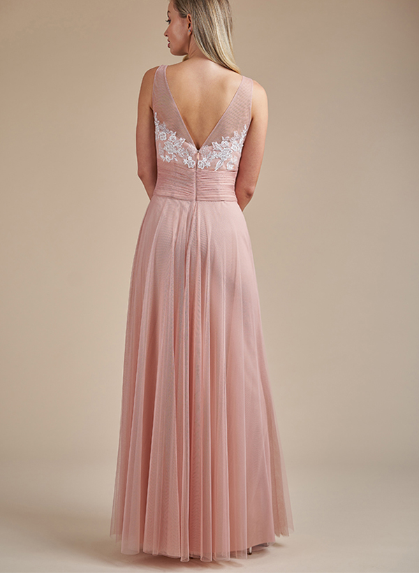 A-Line Illusion Neck Tulle Bridesmaid Dresses With Appliques Lace