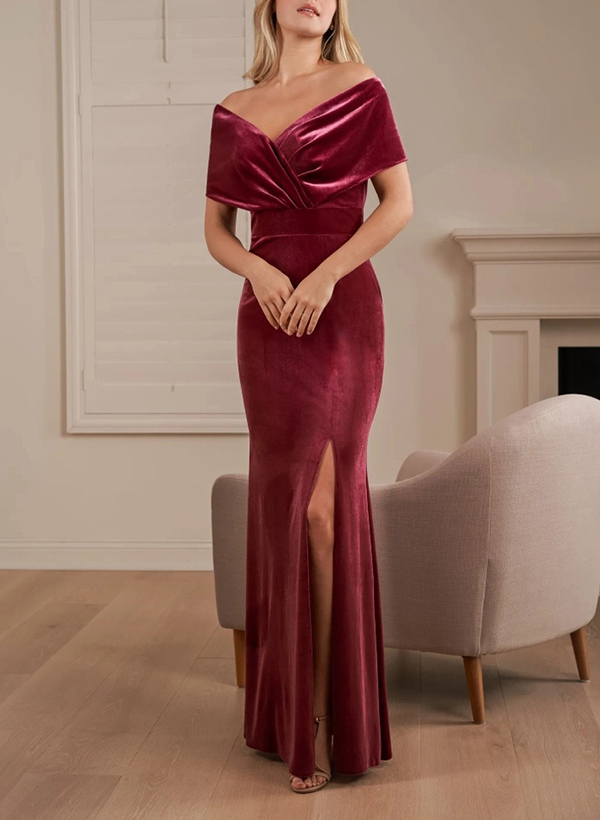 Burgundy Velvet Trumpet/Mermaid Cap Shoulder Bridesmaid Dresses With Split Front