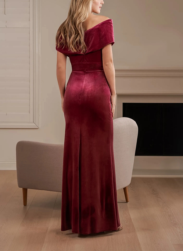 Burgundy Velvet Trumpet/Mermaid Cap Shoulder Bridesmaid Dresses With Split Front