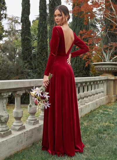 A-Line V-Neck Long Sleeves Velvet Bridesmaid Dresses With Split Front