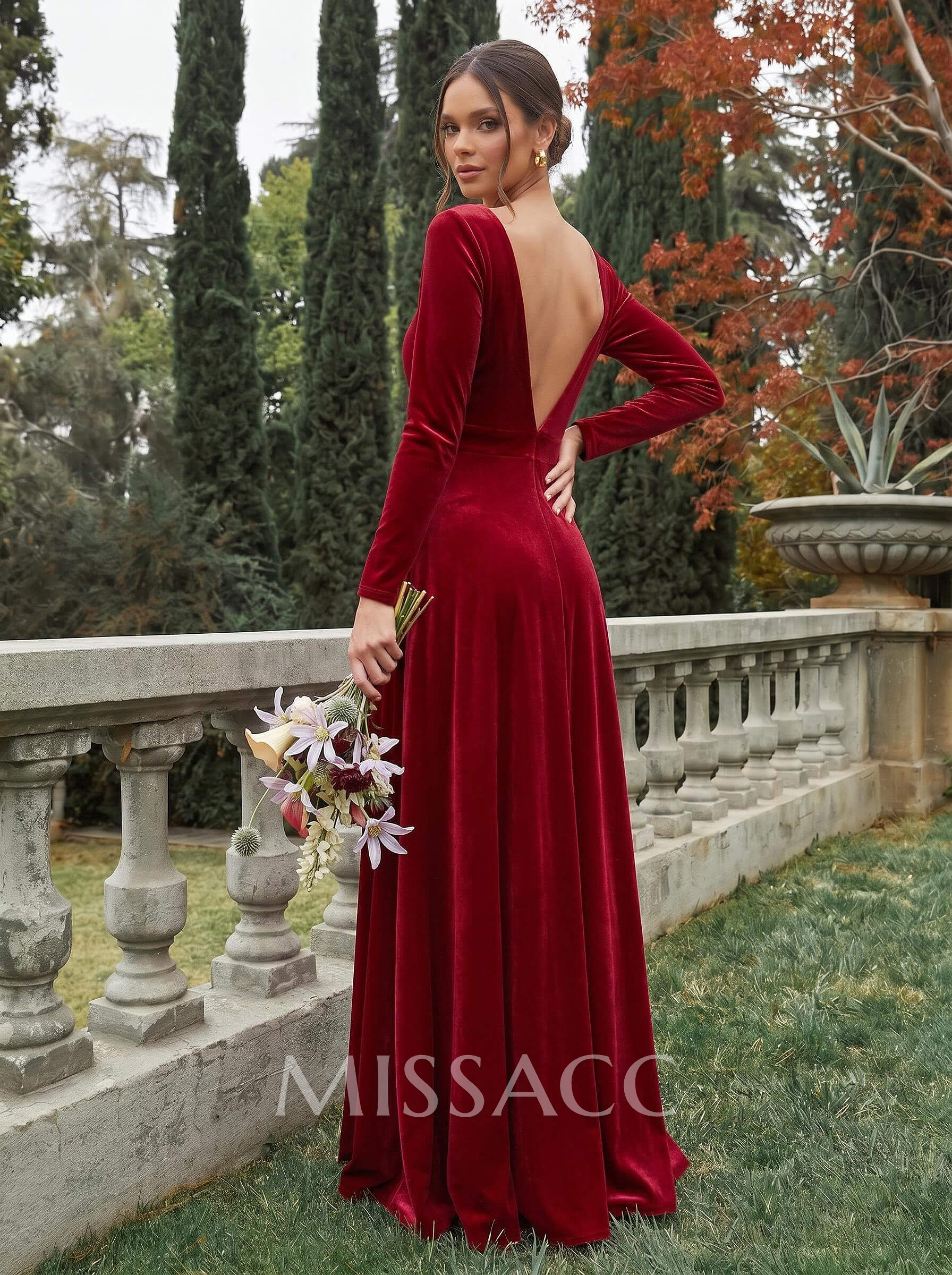 A-Line V-Neck Long Sleeves Velvet Bridesmaid Dresses With Split Front