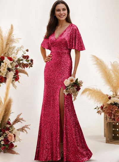 Sheath/Column V-Neck Short Sleeves Sequined Bridesmaid Dresses With Split Front