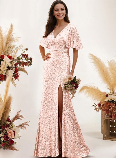 Sheath/Column V-Neck Short Sleeves Sequined Bridesmaid Dresses With Split Front