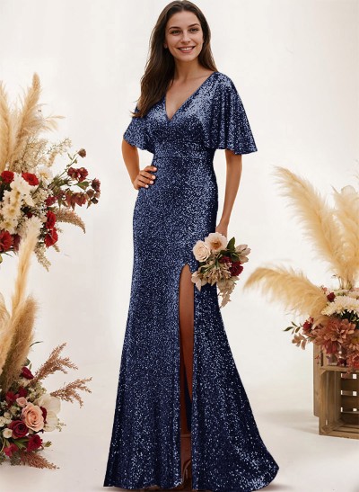 Sheath/Column V-Neck Short Sleeves Sequined Bridesmaid Dresses With Split Front